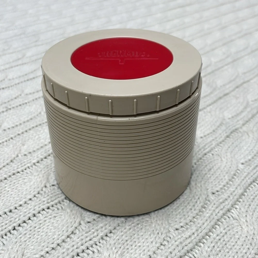 VTG Thermos tan with red accented lid. Model # 1155. Insulated jar. Threaded lid